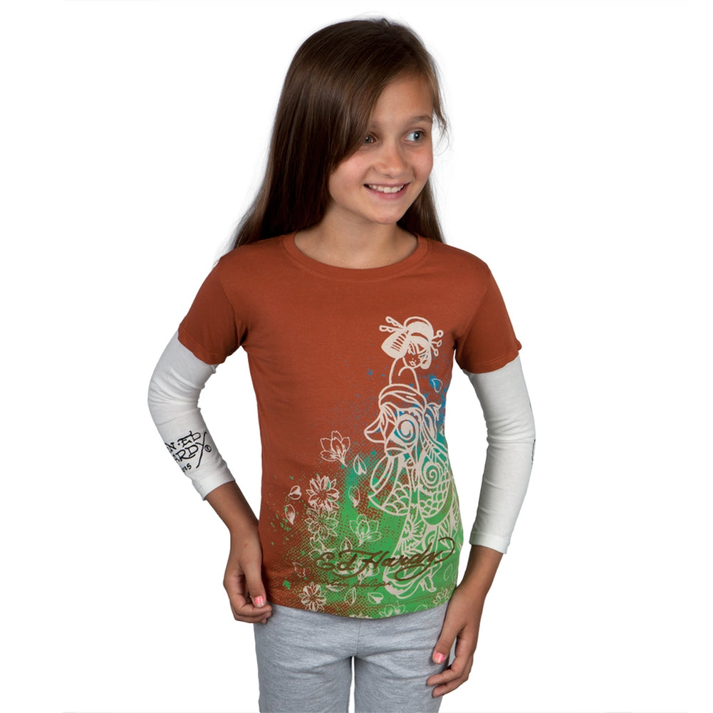 Ed Hardy - Side Geisha Stencil Girls Juvy 2fer Long Sleeve T-Shirt Juvenile Long Sleeves Ed Hardy J4/5 Beige 