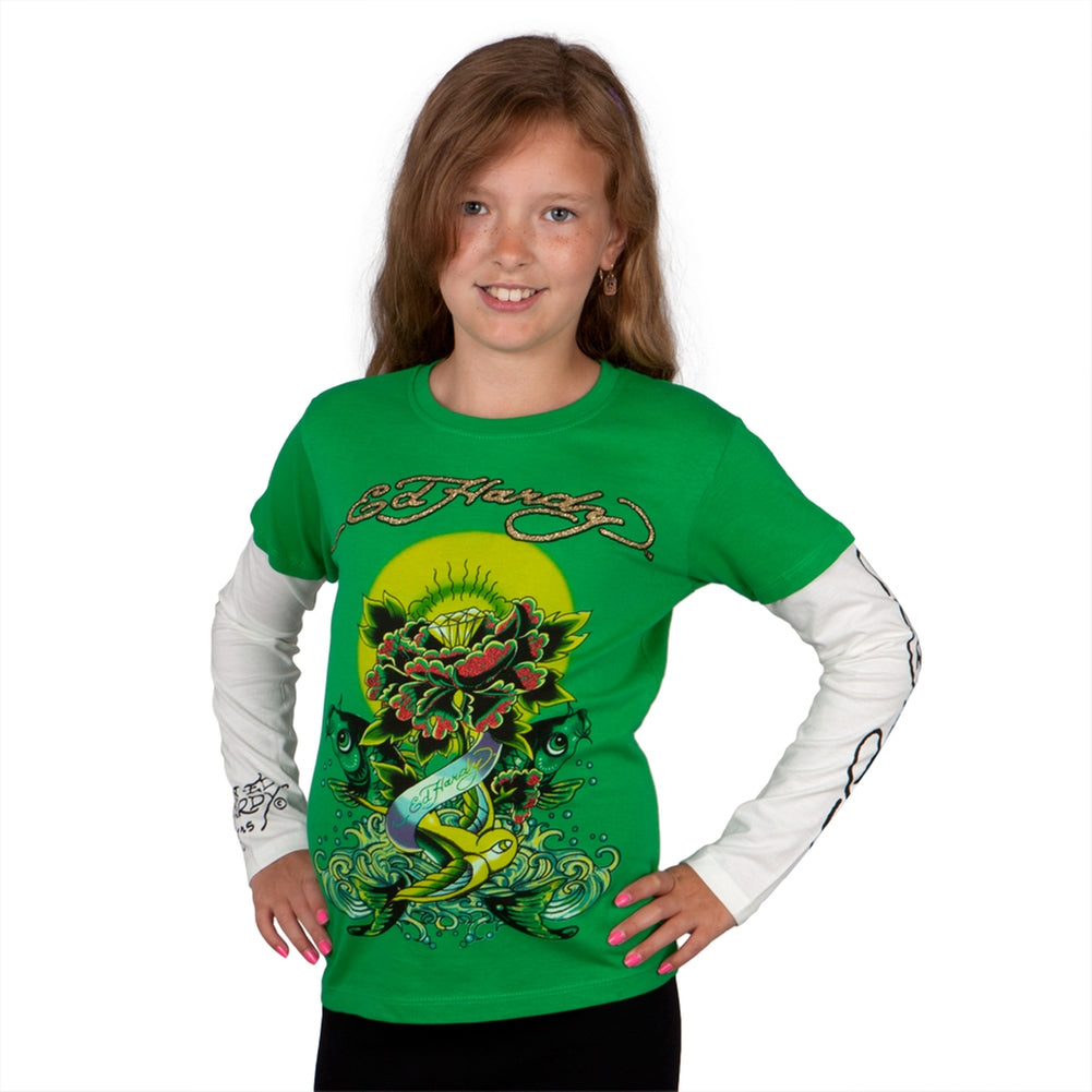 Ed Hardy - Diamond Rose Koi Fish Collage Girls Juvy 2fer Long Sleeve T-Shirt Juvenile Long Sleeves Ed Hardy J4/5 Green 