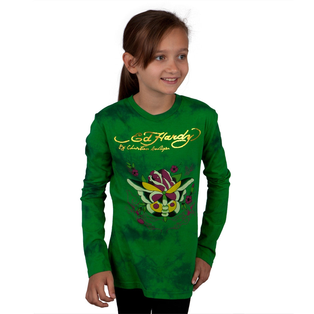 Ed Hardy - Butterfly Rose Girls Youth Long Sleeve Youth Long Sleeves Ed Hardy LG Green