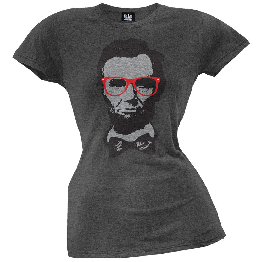 Abraham Lincoln Geek Glasses Juniors T-Shirt Juniors T-Shirts Old Glory SM Grey 