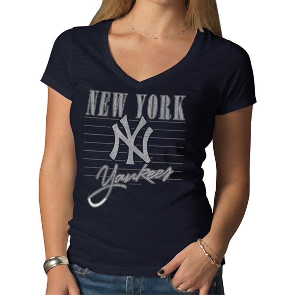 New York Yankees - Striped Logo Scrum Juniors V-Neck T-Shirt Juniors T-Shirts New York Yankees LG Blue 