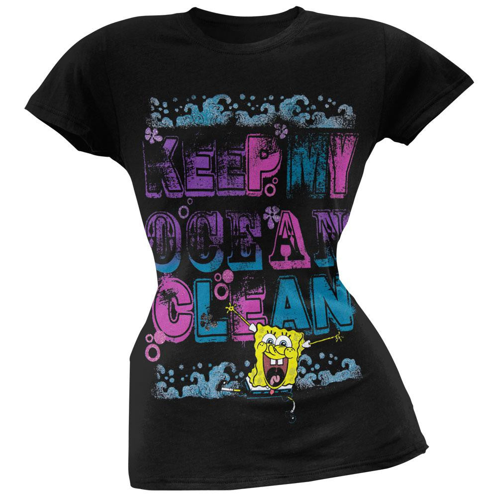 Spongebob Squarepants - Keep My Ocean Clean Juniors T-Shirt Juniors T-Shirts Spongebob Squarepants LG Black