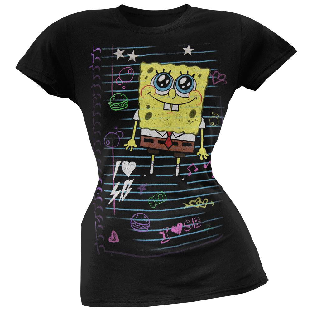 Spongebob Square - Goofy Doodle Black Juniors T-Shirt Juniors T-Shirts Spongebob Squarepants MD Black 