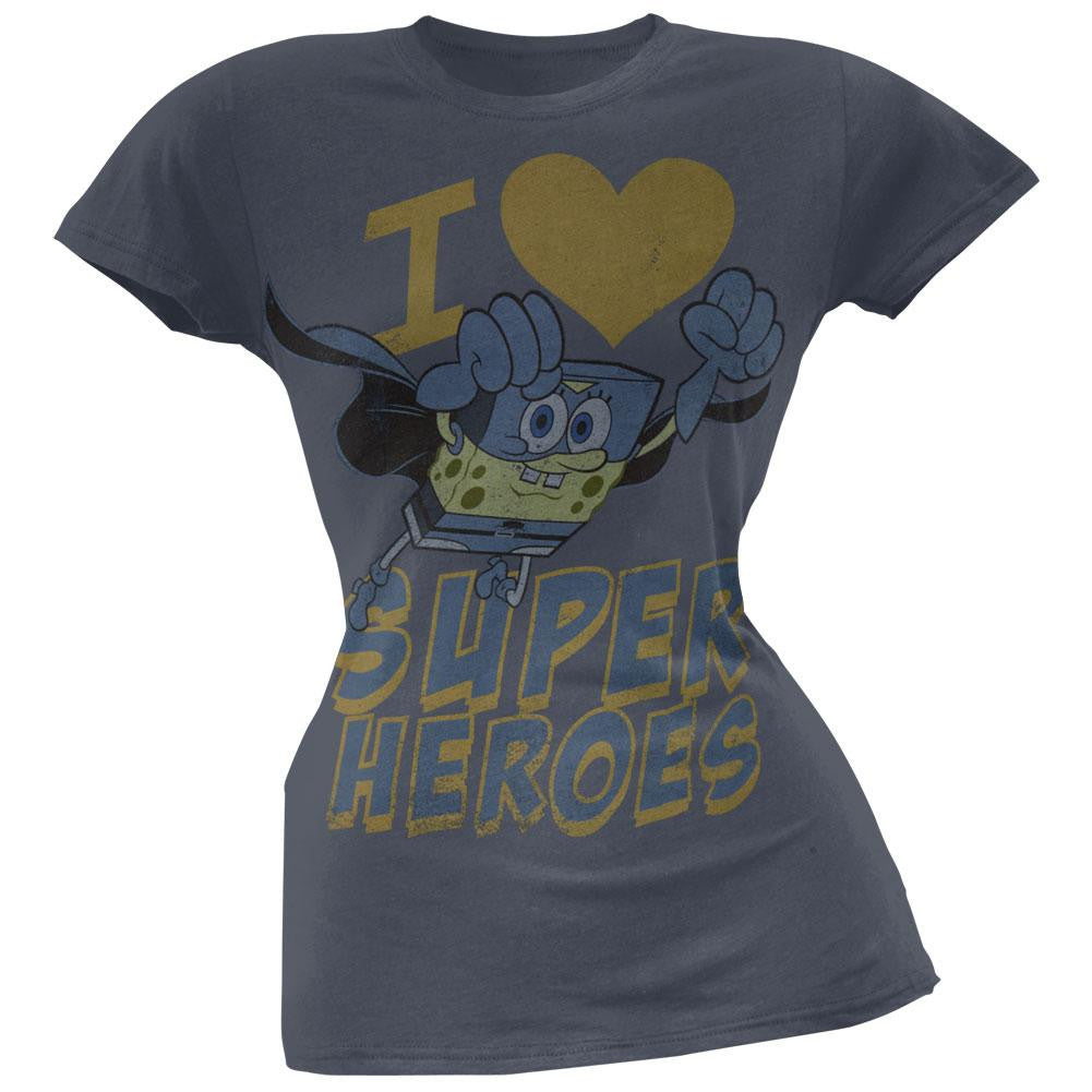 Spongebob Squarepants - I Heart Super Heroes Junior T-Shirt Juniors T-Shirts Spongebob Squarepants MD Blue