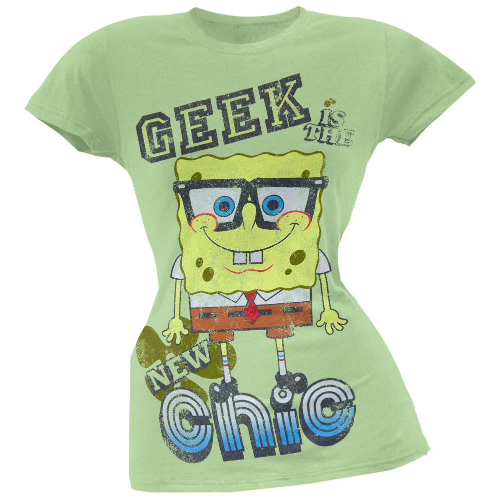 Spongebob Squarepants - Geek Is The New Chic Juniors T-Shirt Juniors T-Shirts Spongebob Squarepants LG Green 