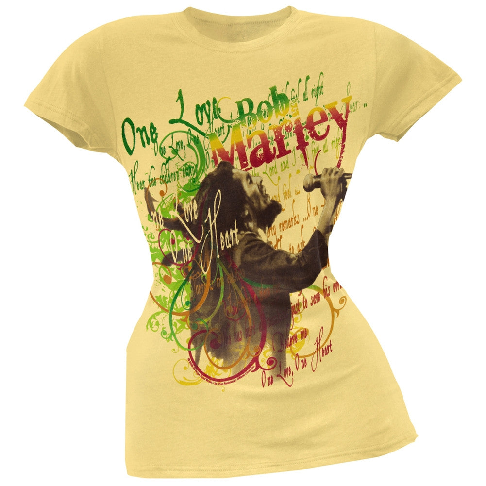 Bob Marley - One Love Lyrics Juniors T-Shirt Juniors T-Shirts Bob Marley XL Yellow 