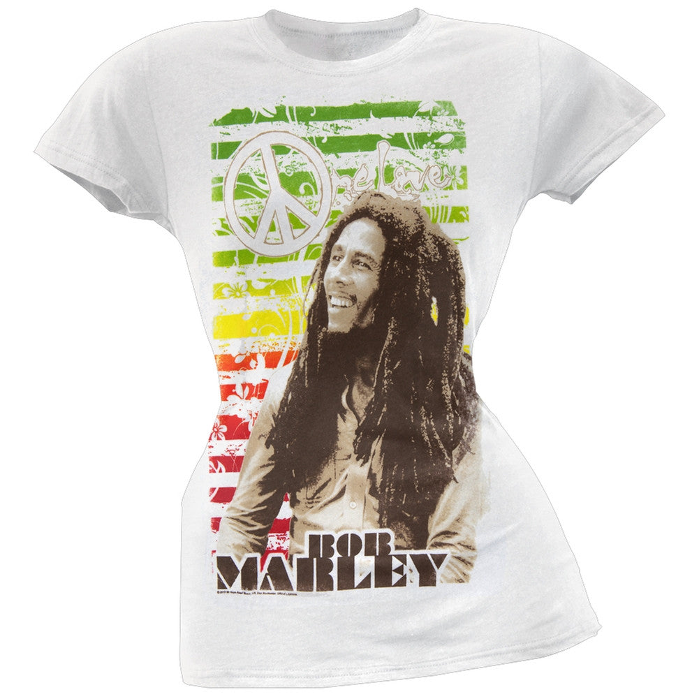 Bob Marley - One Love Peace Sign Juniors T-Shirt Juniors T-Shirts Bob Marley LG White 