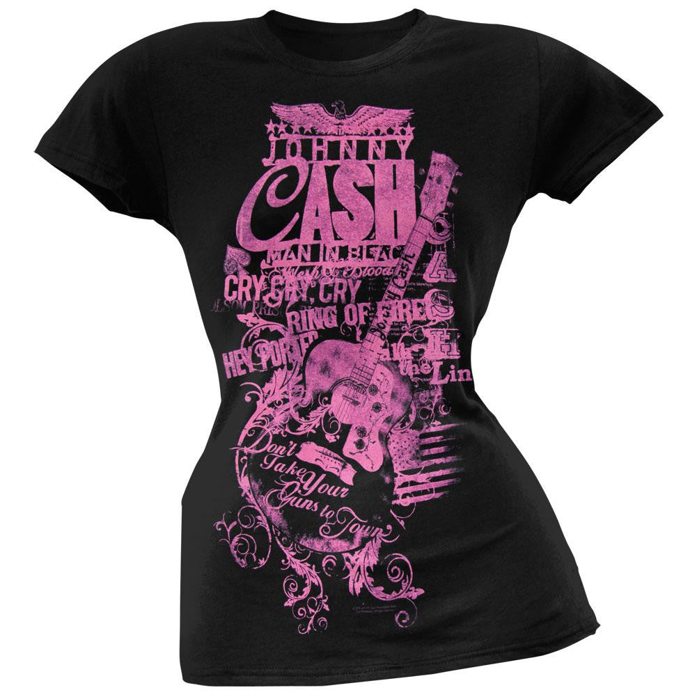 Johnny Cash - Top Hits Tribute Collage Juniors T-Shirt Juniors T-Shirts Johnny Cash LG Black 