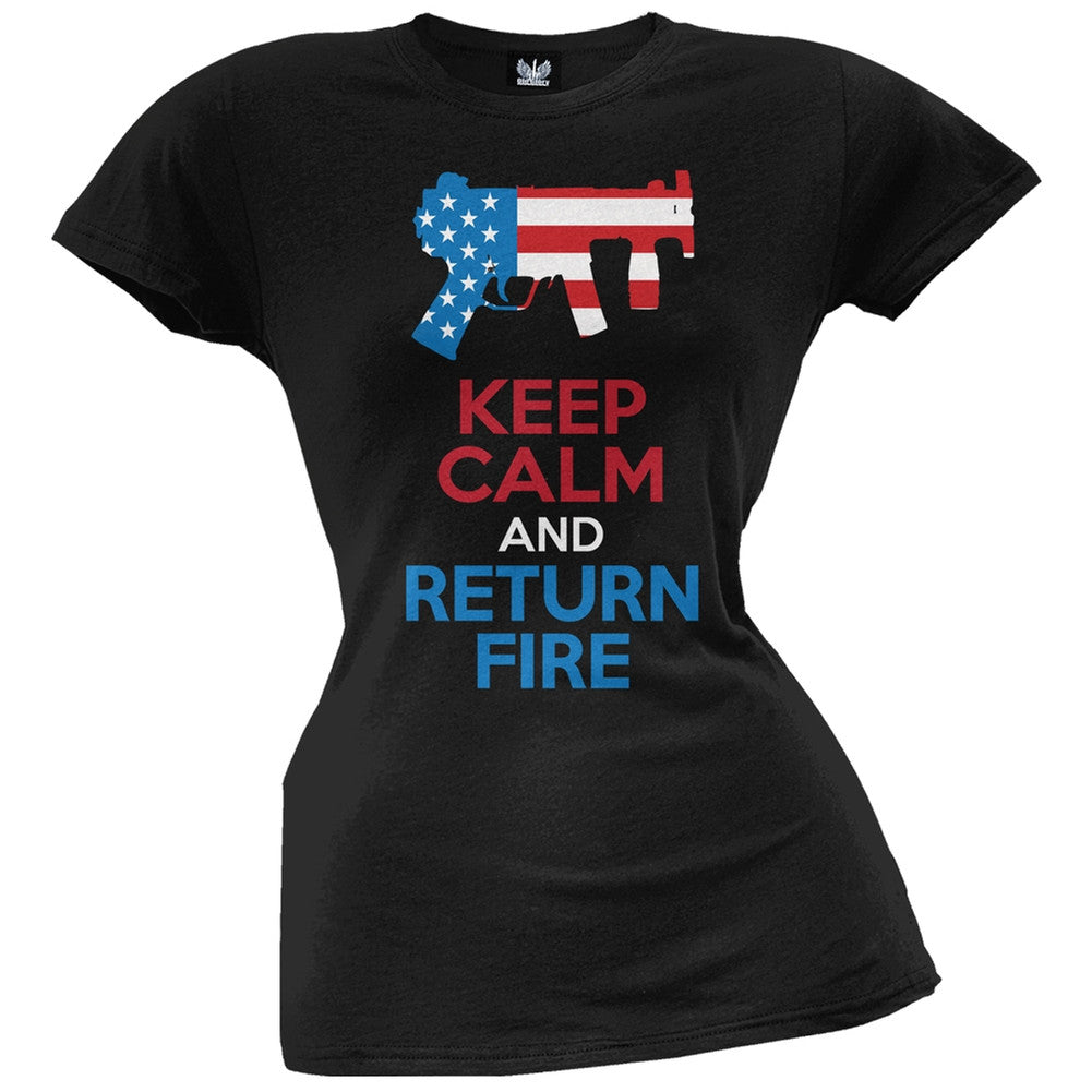 Keep Calm and Return Fire Submachine Gun Juniors T-Shirt Juniors T-Shirts Old Glory   