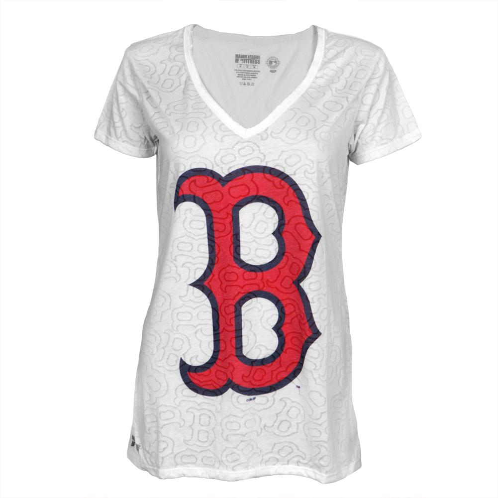 Boston Red Sox - Large Logo Juniors Burnout V-Neck T-Shirt Juniors V-Neck T-Shirts Boston Red Sox MD White 