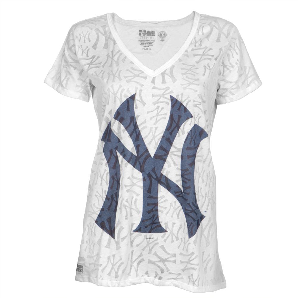 New York Yankees - Large Logo Juniors Burnout V-Neck T-Shirt Juniors T-Shirts New York Yankees LG White 