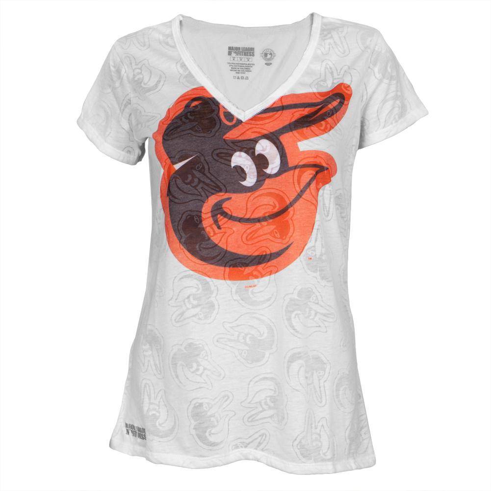 Baltimore Orioles - Large Logo Juniors Burnout V-Neck T-Shirt Juniors T-Shirts Baltimore Orioles LG White 