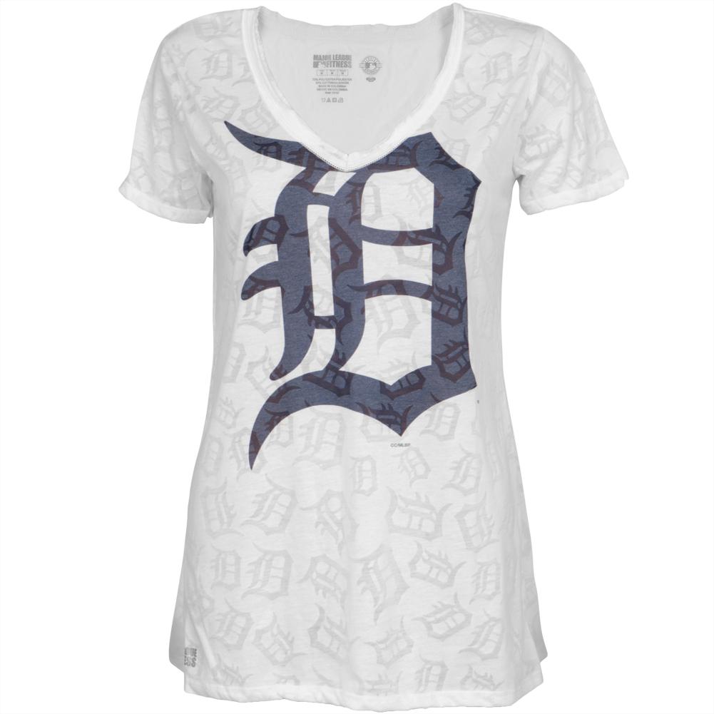 Detroit Tigers - Large Logo Juniors Burnout V-Neck T-Shirt Juniors T-Shirts Detroit Tigers LG White 