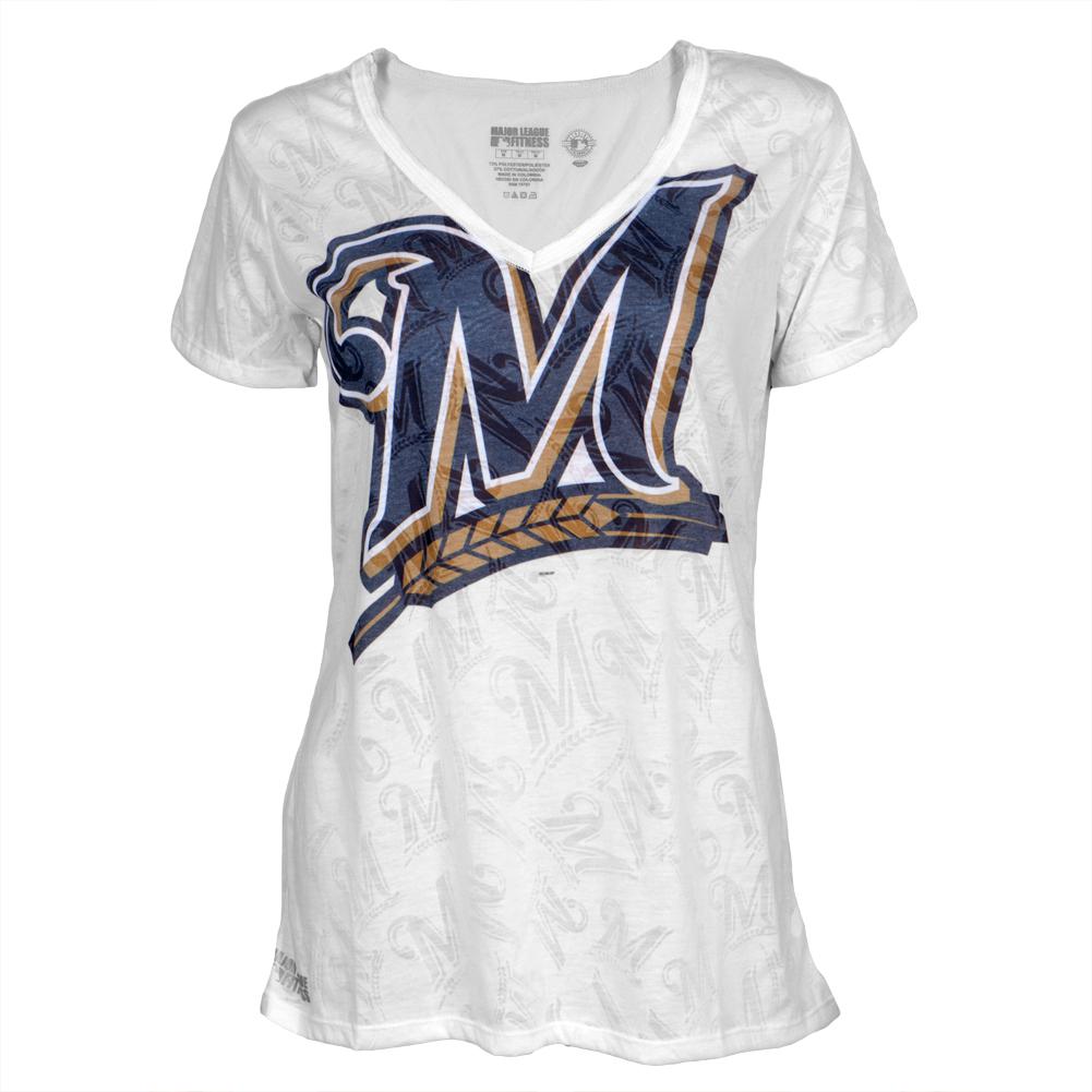 Milwaukee Brewers - Large Logo Juniors Burnout V-Neck T-Shirt Juniors T-Shirts Milwaukee Brewers LG White 