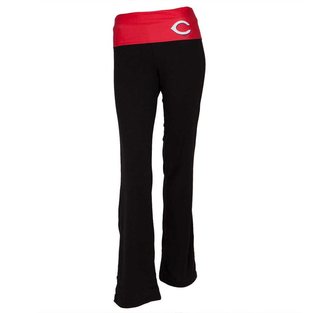 Cincinnati Reds - Flip Down Waistband Logo Juniors Yoga Pants Women's Yoga Pants Cincinnati Reds LG Black 