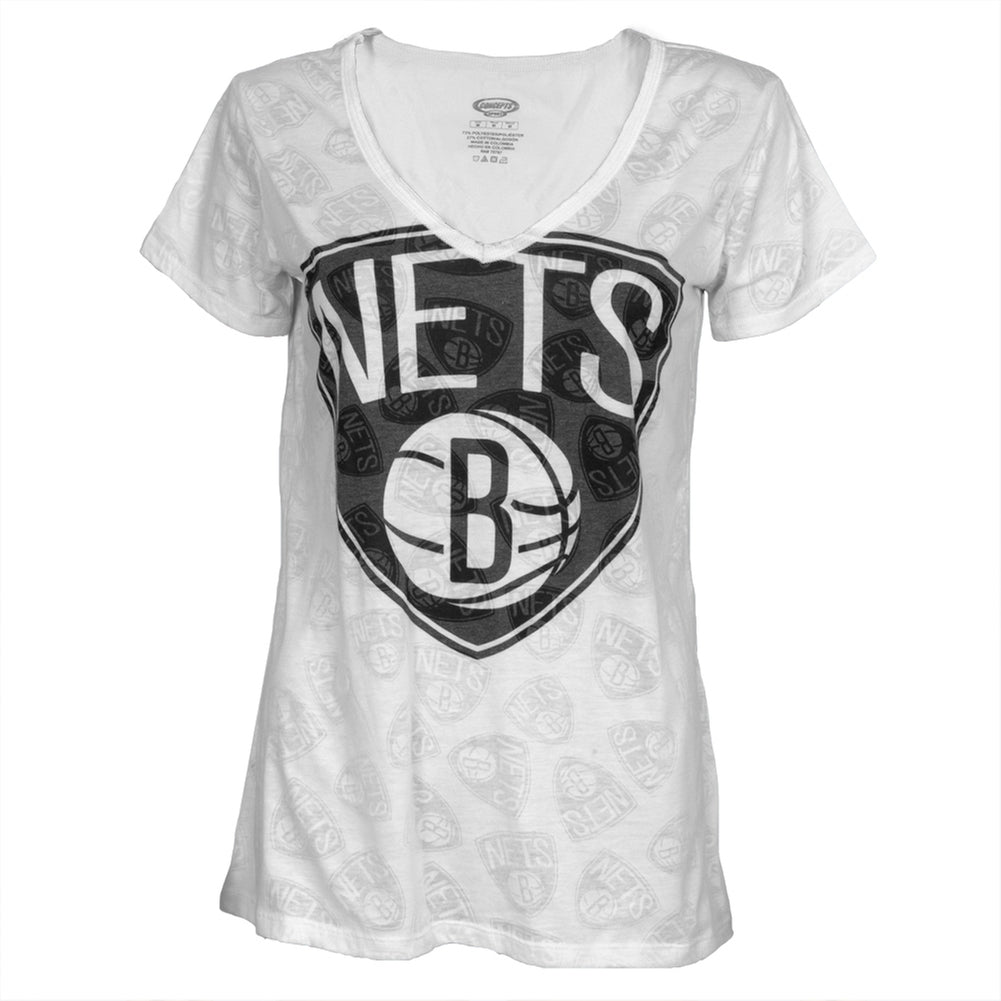 Brooklyn Nets - Large Logo Juniors Burnout V-Neck T-Shirt Juniors T-Shirts Brooklyn Nets SM White