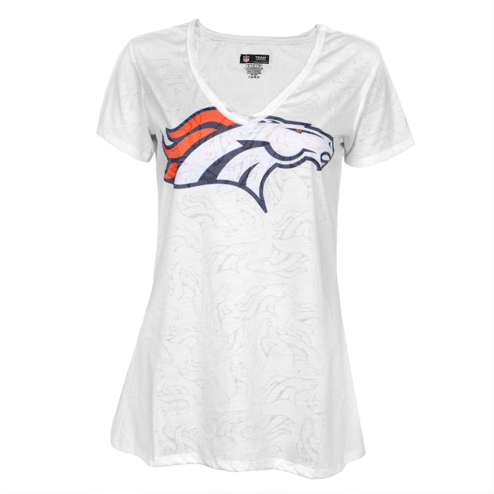 Denver Broncos - Large Logo Juniors Burnout V-Neck T-Shirt Juniors V-Neck T-Shirts Denver Broncos LG White 