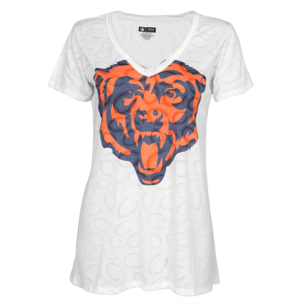 Chicago Bears - Large Logo Juniors Burnout V-Neck T-Shirt Juniors T-Shirts Chicago Bears LG White 