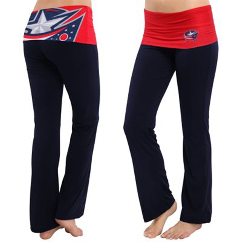 Columbus Blue Jackets - Flip Down Waistband Logo Juniors Yoga Pants Women's Yoga Pants Columbus Blue Jackets LG Blue 