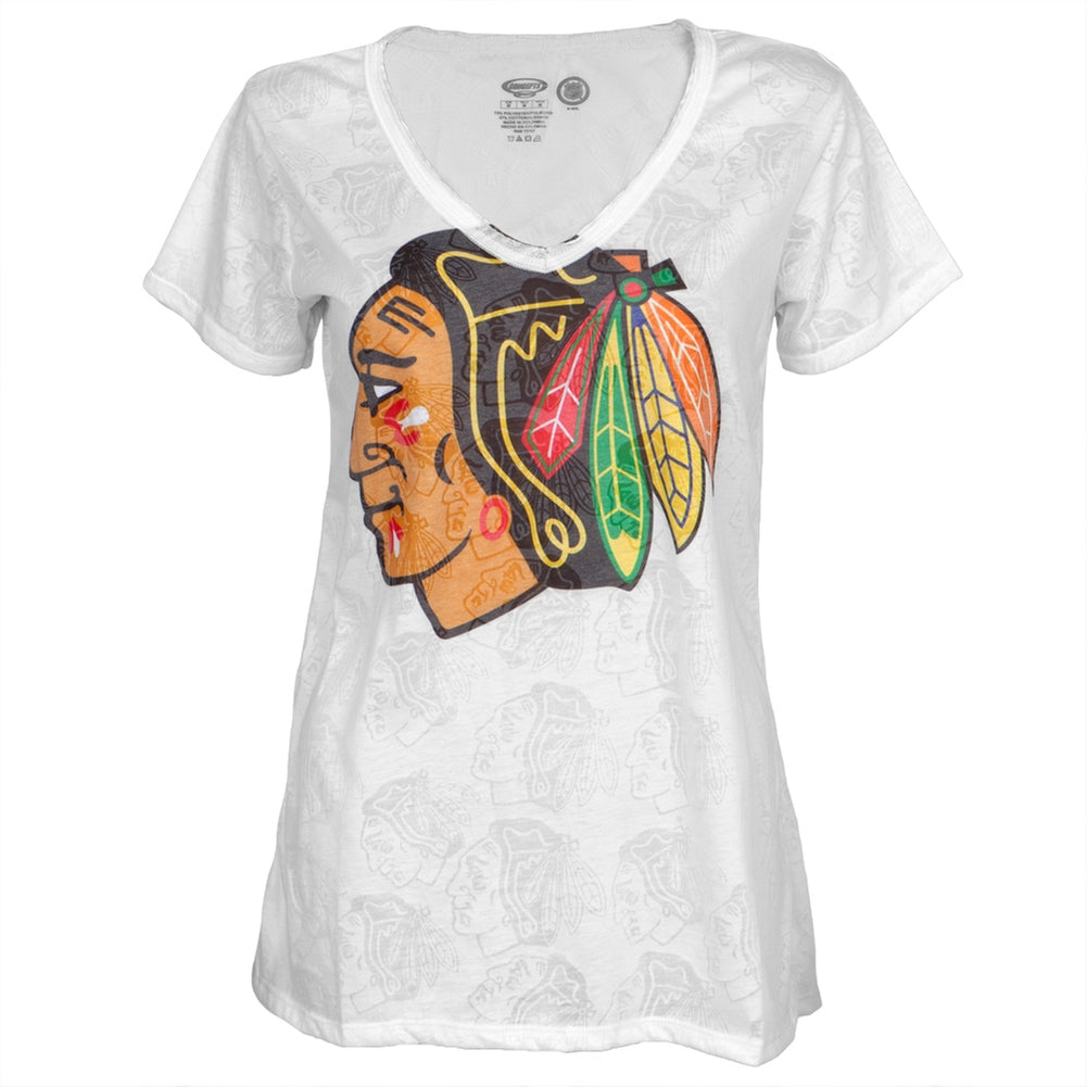 Chicago Blackhawks - Large Logo Juniors Burnout V-Neck T-Shirt Juniors T-Shirts Chicago Blackhawks LG White 