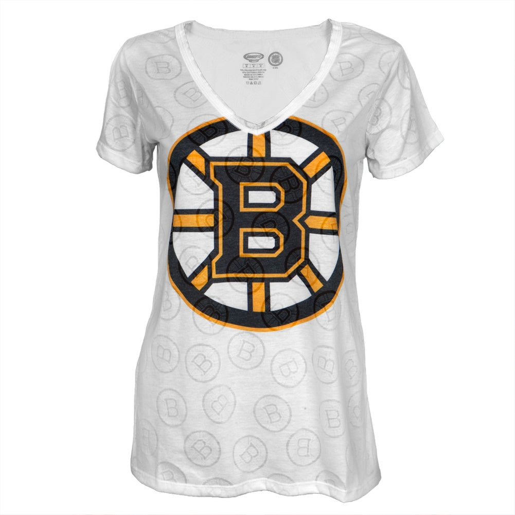 Boston Bruins - Large Logo Juniors Burnout V-Neck T-Shirt Juniors T-Shirts Boston Bruins LG White 