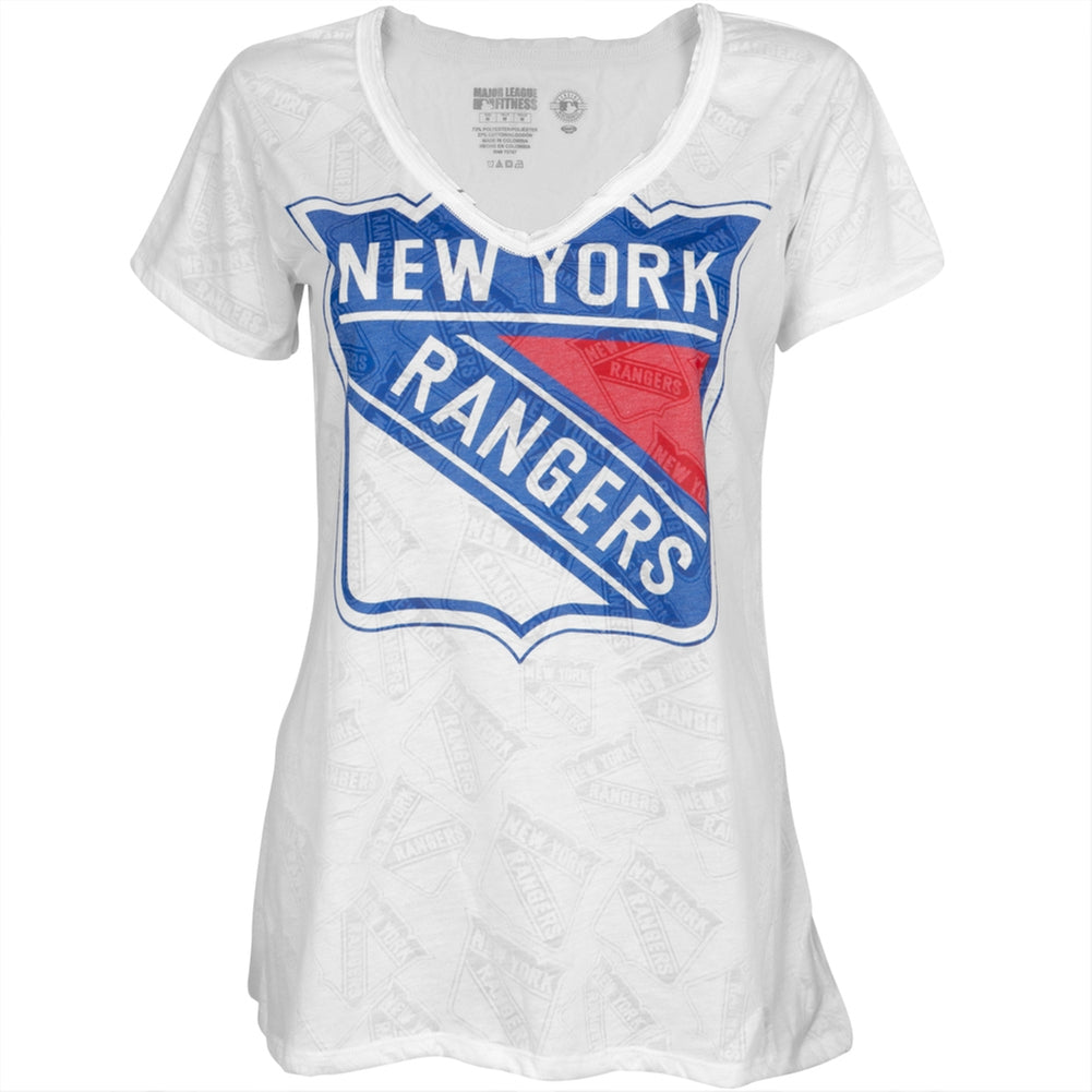 New York Rangers - Large Logo Juniors Burnout V-Neck T-Shirt Juniors T-Shirts New York Rangers SM White