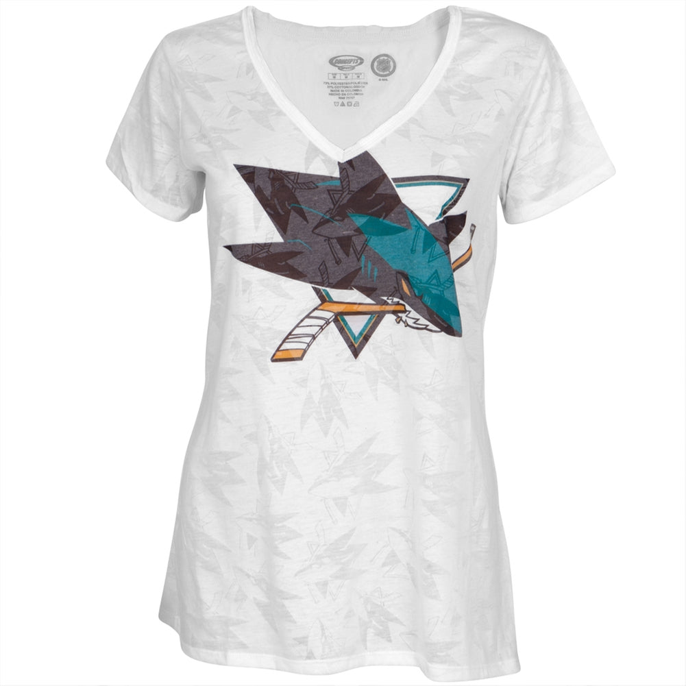 San Jose Sharks - Large Logo Juniors Burnout V-Neck T-Shirt Juniors T-Shirts San Jose Sharks LG White 