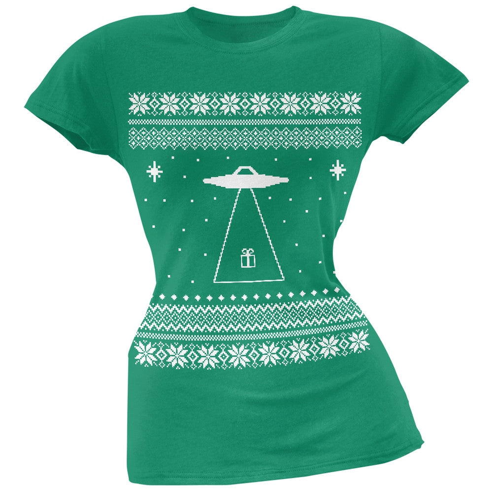 Alien Beam Ugly Christmas Sweater Green Juniors T-Shirt Juniors T-Shirts Old Glory 2XL Green 