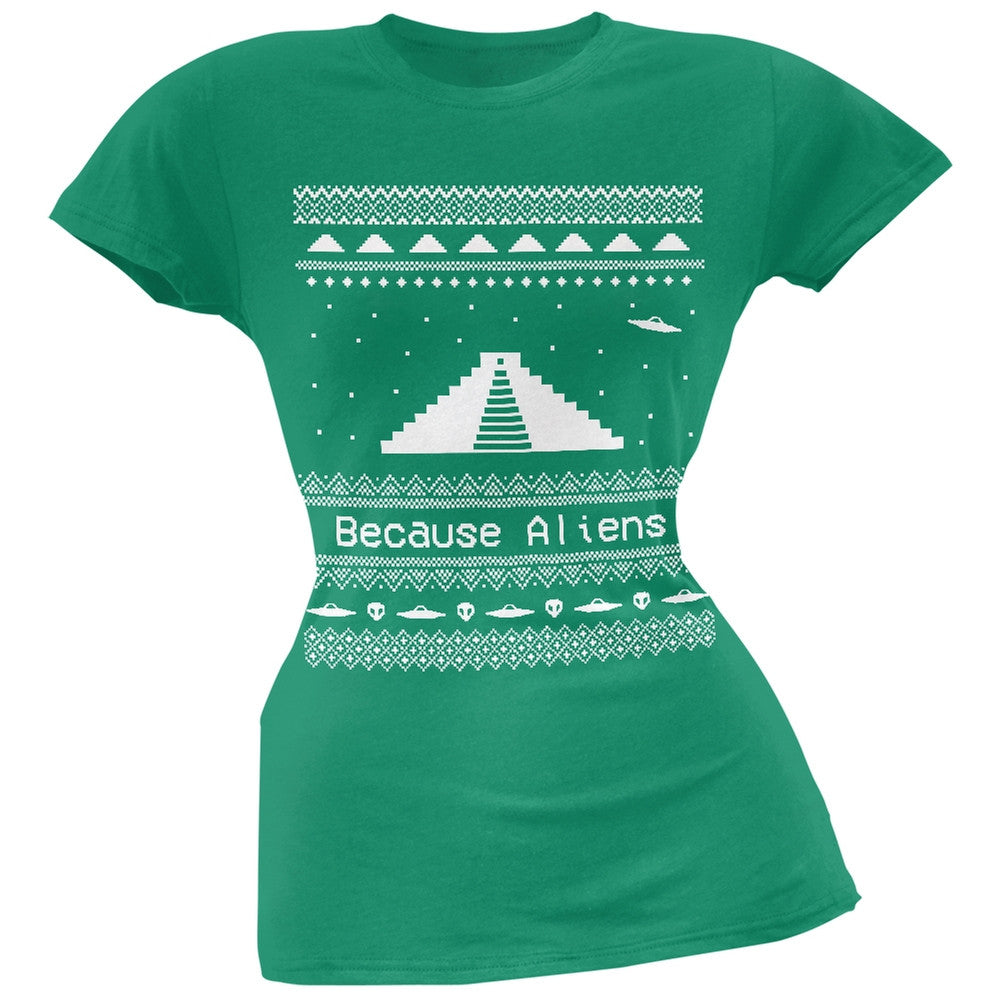 Pyramid Aliens Ugly Christmas Sweater Green Juniors T-Shirt Juniors T-Shirts Old Glory 2XL Green 