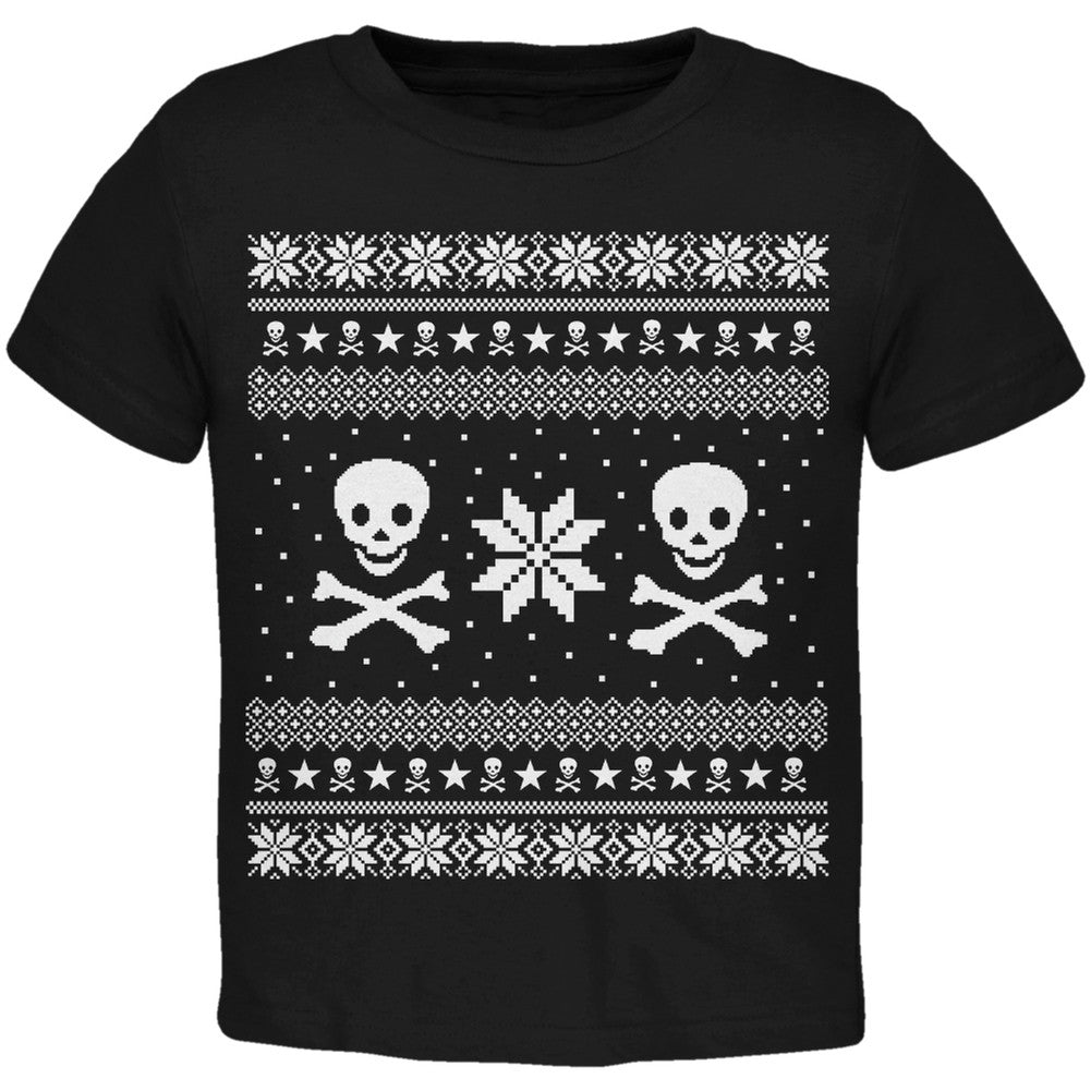 Skull & Crossbones Ugly Christmas Sweater Black Toddler T-Shirt Toddler T-Shirts Old Glory   