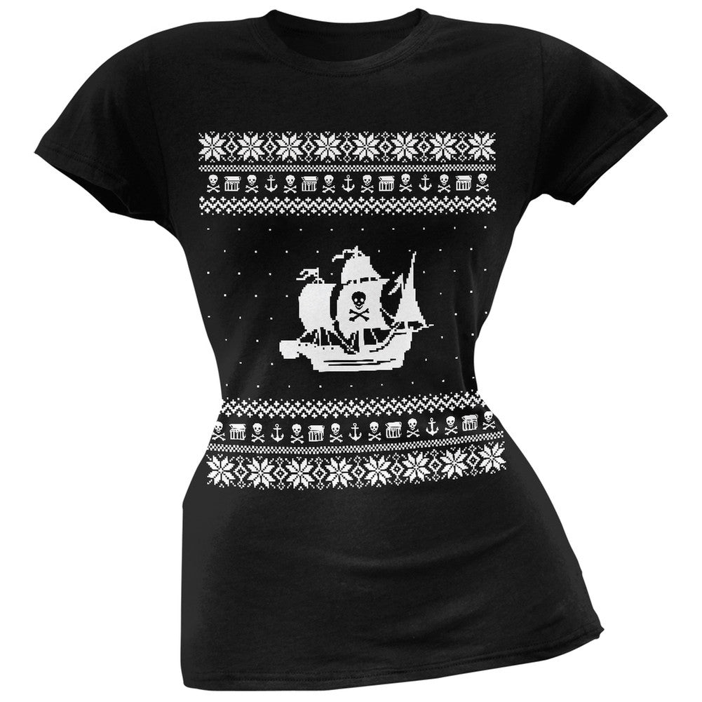 Pirate Ship Ugly Christmas Sweater Black Juniors T-Shirt Juniors T-Shirts Old Glory   