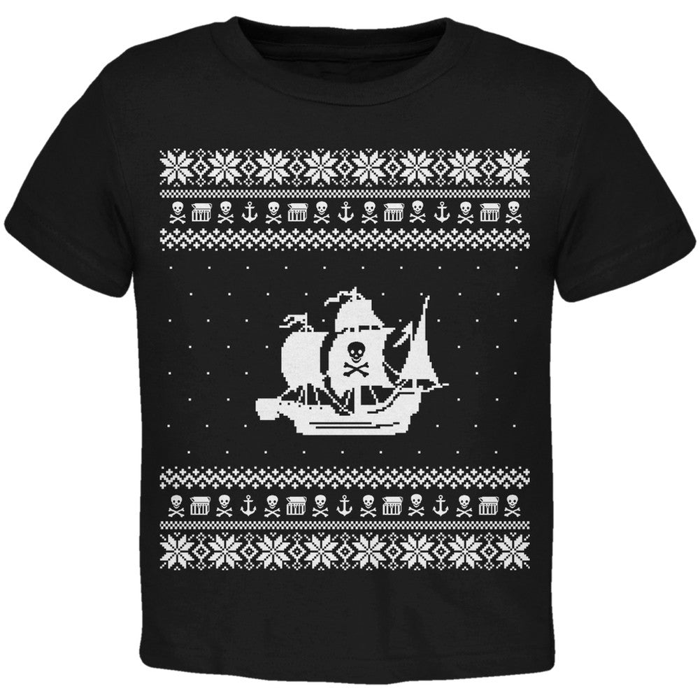 Pirate Ship Ugly Christmas Sweater Black Toddler T-Shirt Toddler T-Shirts Old Glory   