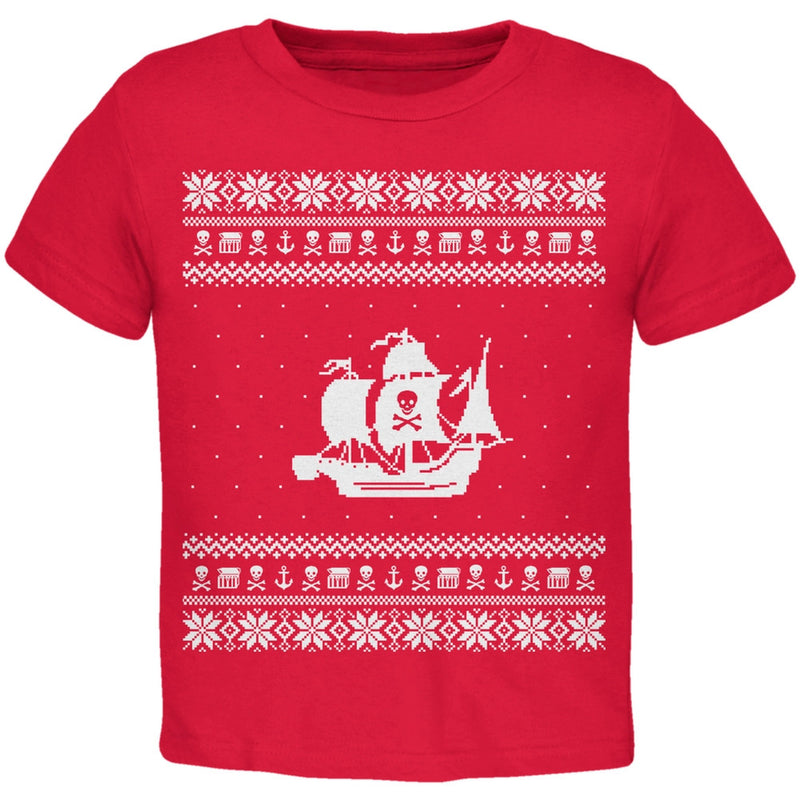 Pirate Ship Ugly Christmas Sweater Black Toddler T-Shirt Toddler T-Shirts Old Glory   