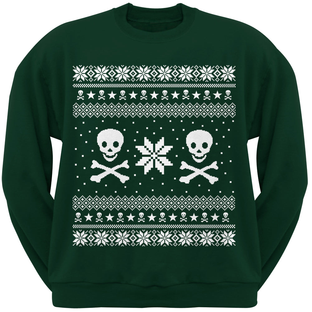 Skull & Crossbones Ugly Christmas Sweater Adult Dark Green Crew Neck Sweatshirt Men's Sweatshirts Old Glory 2XL Green 