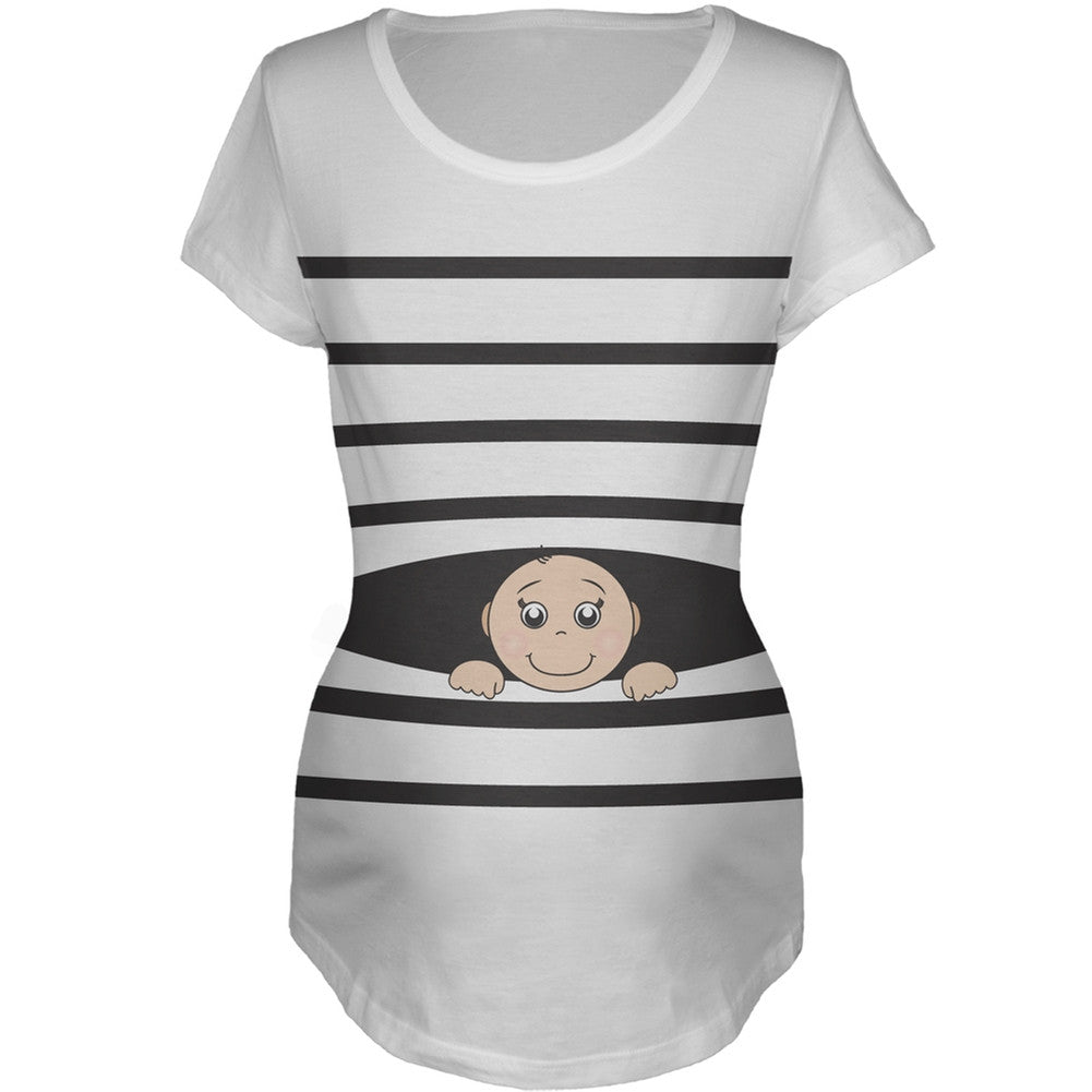 Striped Peeking Baby White Maternity T-Shirt Maternity T-Shirts Old Glory   