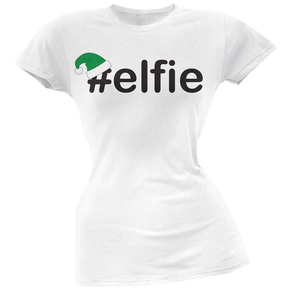 #Elfie Christmas Hashtag Green Soft Juniors T-Shirt Juniors T-Shirts Old Glory SM White 