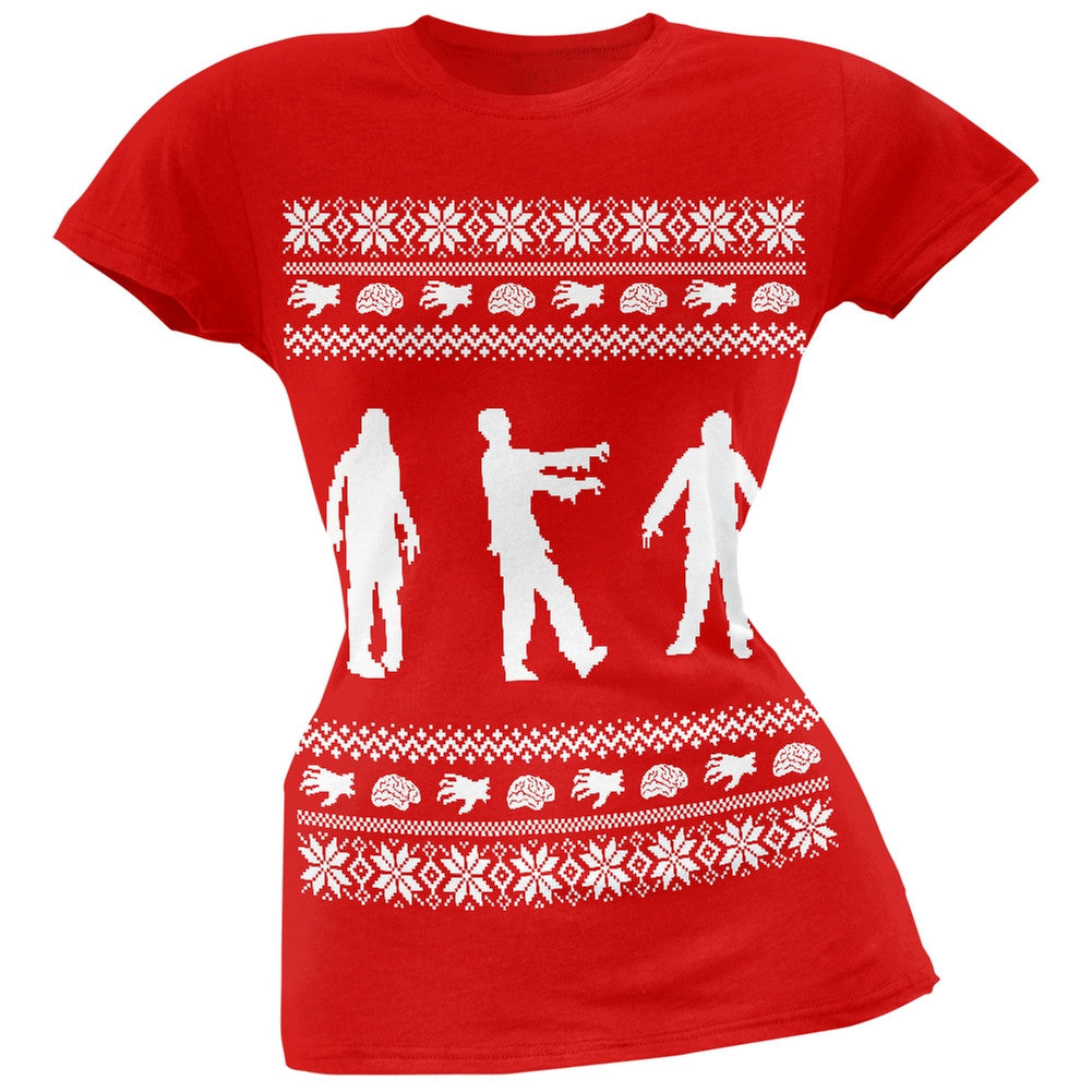 Zombie Ugly Christmas Sweater Red Soft Juniors T-Shirt Juniors T-Shirts Old Glory   