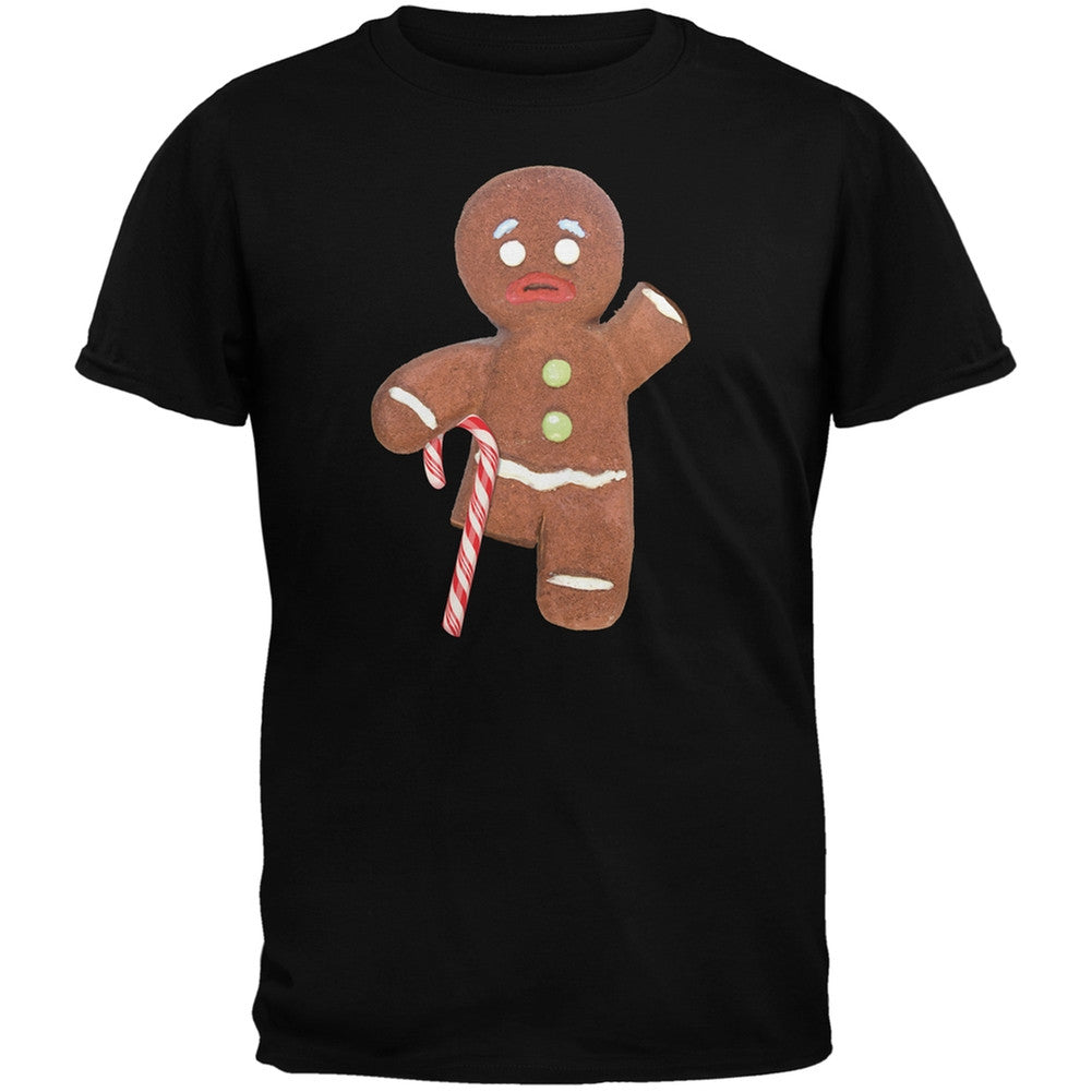 Ginger Bread Man With Candy Cane Crutch Black Adult T-Shirt Men's T-Shirts Old Glory   