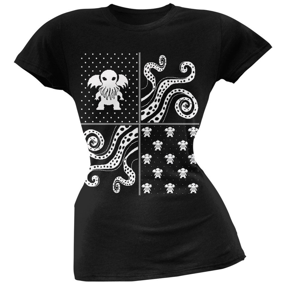 Cthulhu Lovecraft Dimensions Ugly Christmas Sweater Black Soft Juniors T-Shirt Juniors T-Shirts Old Glory   