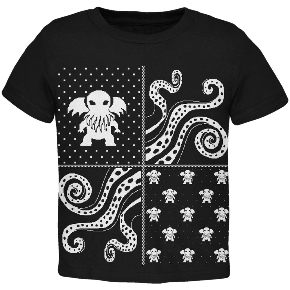 Cthulhu Lovecraft Dimensions Ugly Christmas Sweater Black Toddler T-Shirt Toddler T-Shirts Old Glory   