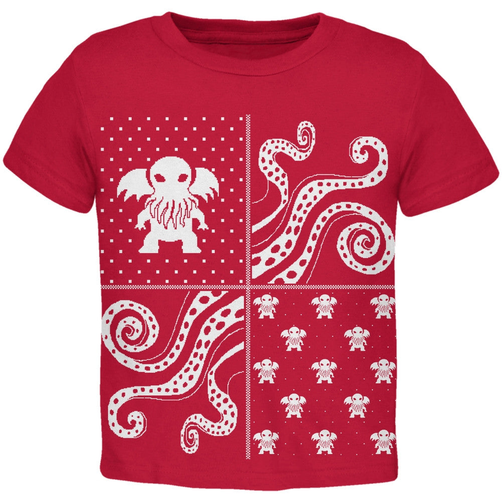 Cthulhu Lovecraft Dimensions Ugly Christmas Sweater Black Toddler T-Shirt Toddler T-Shirts Old Glory   