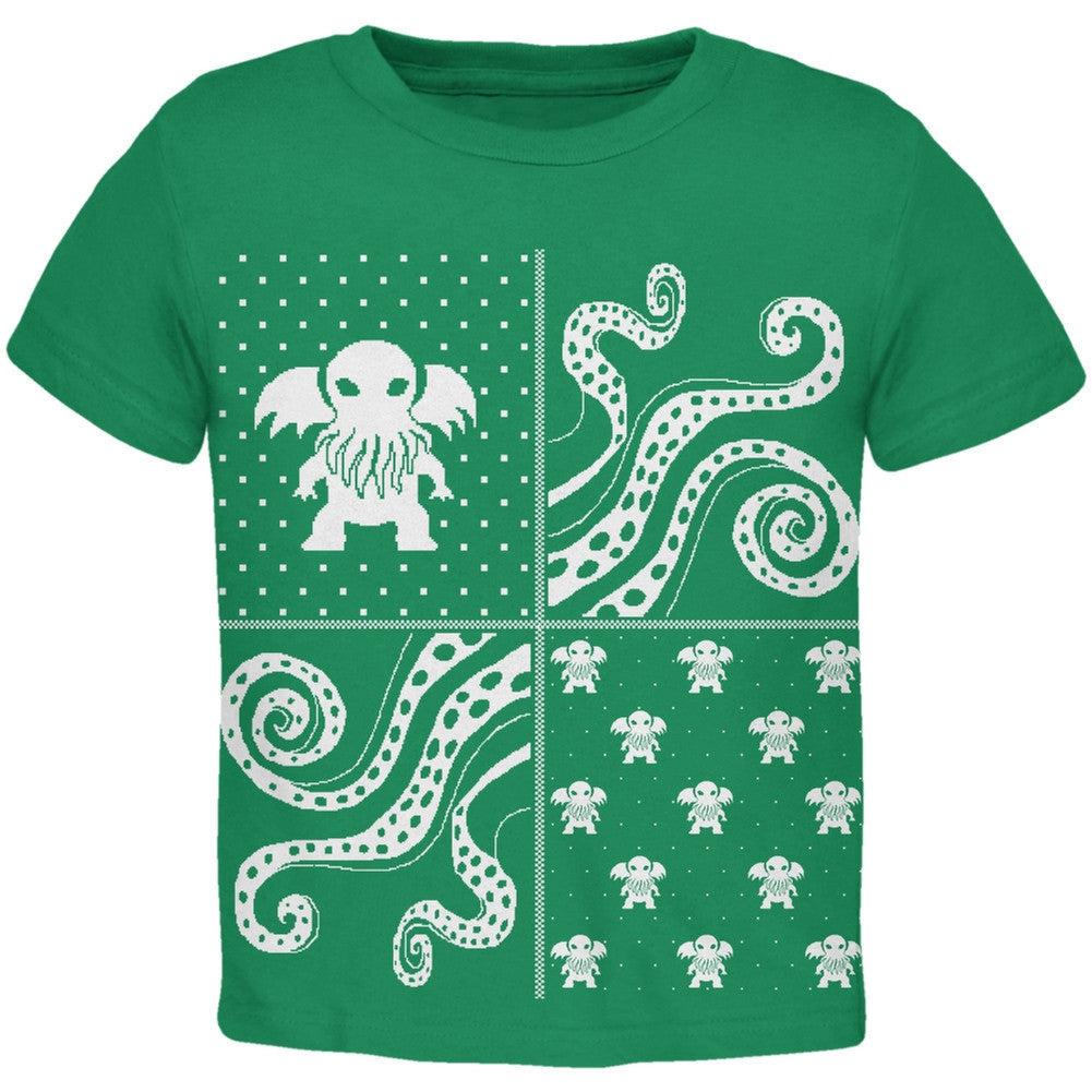 Cthulhu Lovecraft Dimensions Ugly Christmas Sweater Black Toddler T-Shirt Toddler T-Shirts Old Glory   