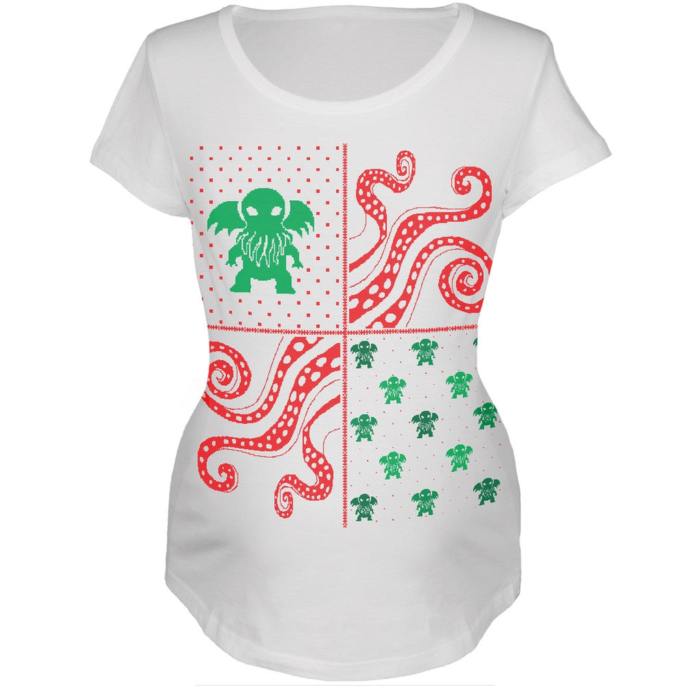 Cthulhu Lovecraft Ugly Christmas Sweater White Womens Soft Maternity T-Shirt Maternity T-Shirts Old Glory   