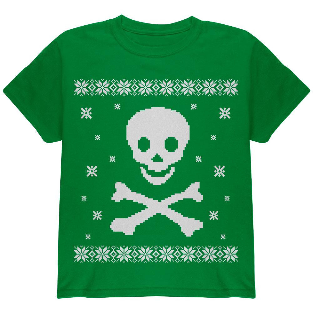 Big Skull & Crossbones Ugly Christmas Sweater Green Youth T-Shirt Youth T-Shirts Old Glory LG Green 