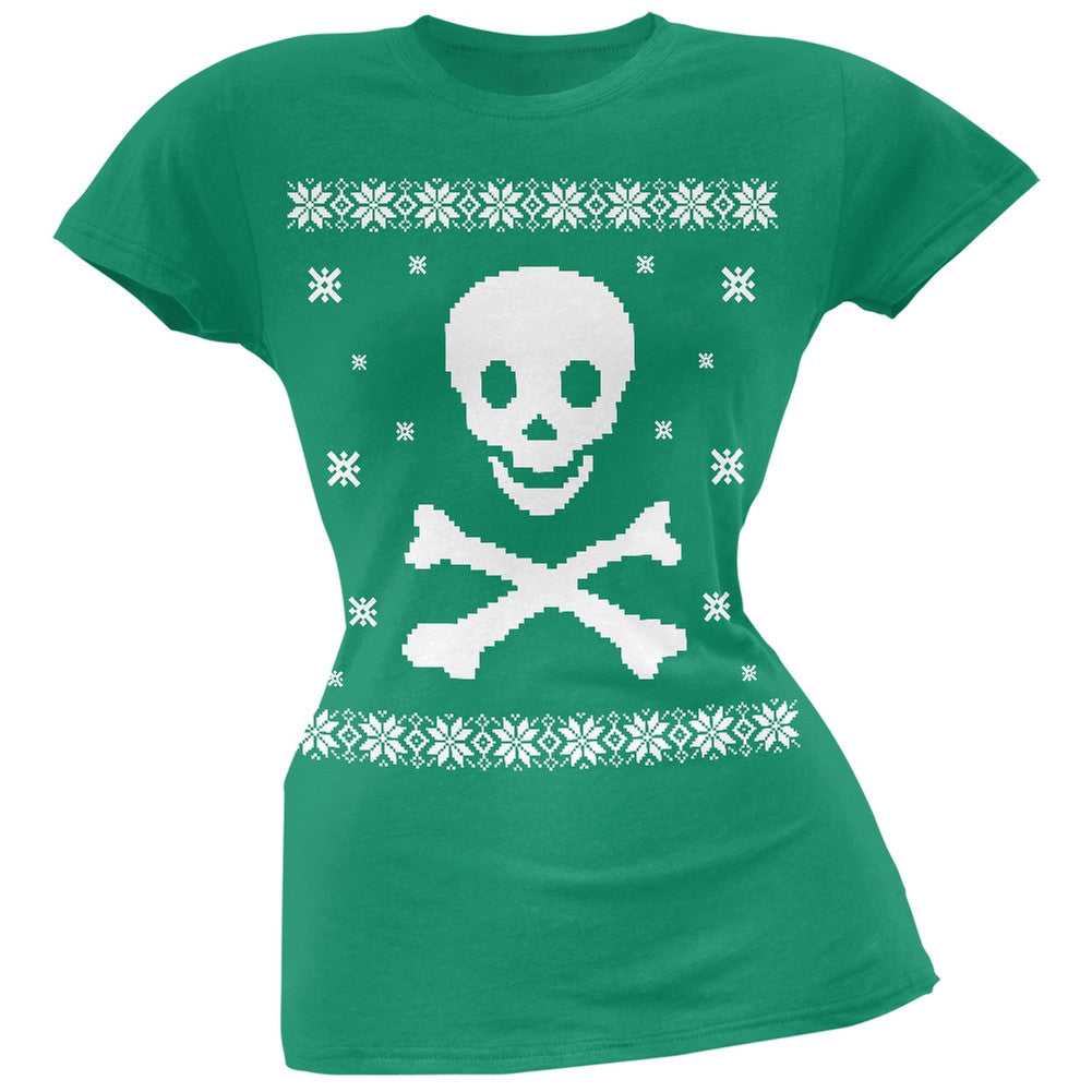 Big Skull & Crossbones Ugly Christmas Sweater Green Soft Juniors T-Shirt Juniors T-Shirts Old Glory 2XL Green 