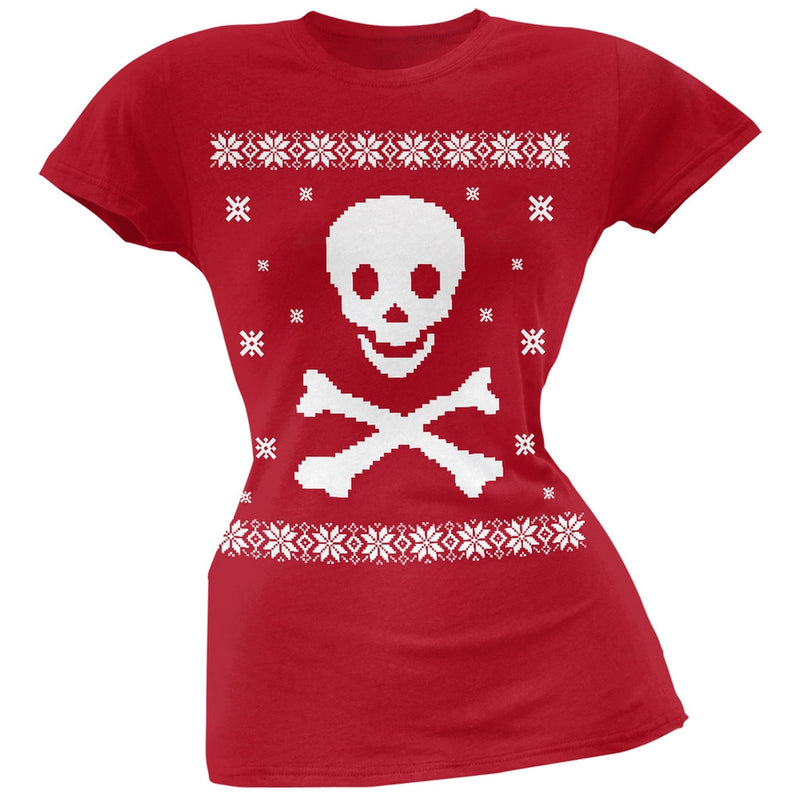 Big Skull & Crossbones Ugly Christmas Sweater Green Soft Juniors T-Shirt Juniors T-Shirts Old Glory 2XL Red 