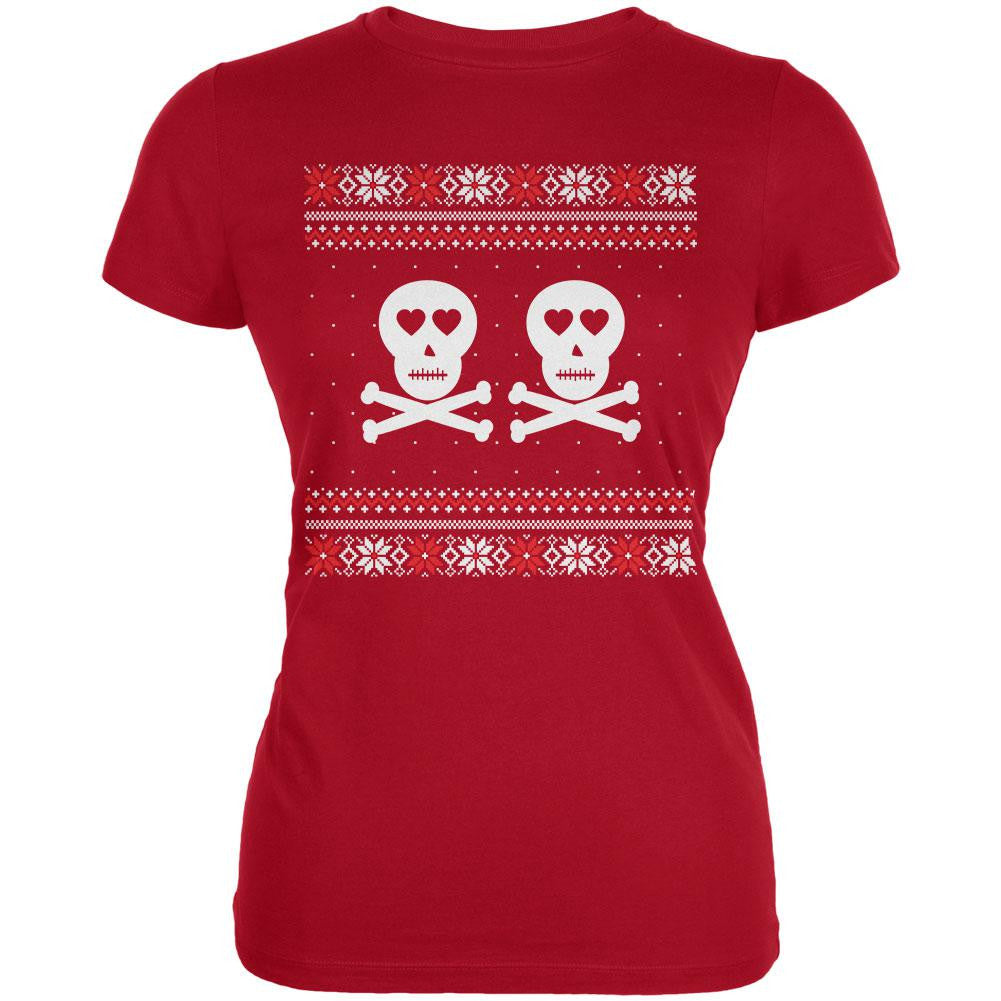 Skull and Crossbones Lovers Ugly Christmas Sweater Black Juniors T-Shirt Juniors T-Shirts Old Glory   