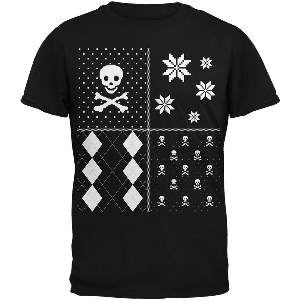 Skull and Crossbones Festive Blocks Ugly Christmas Sweater Black Adult T-Shirt Men's T-Shirts Old Glory   