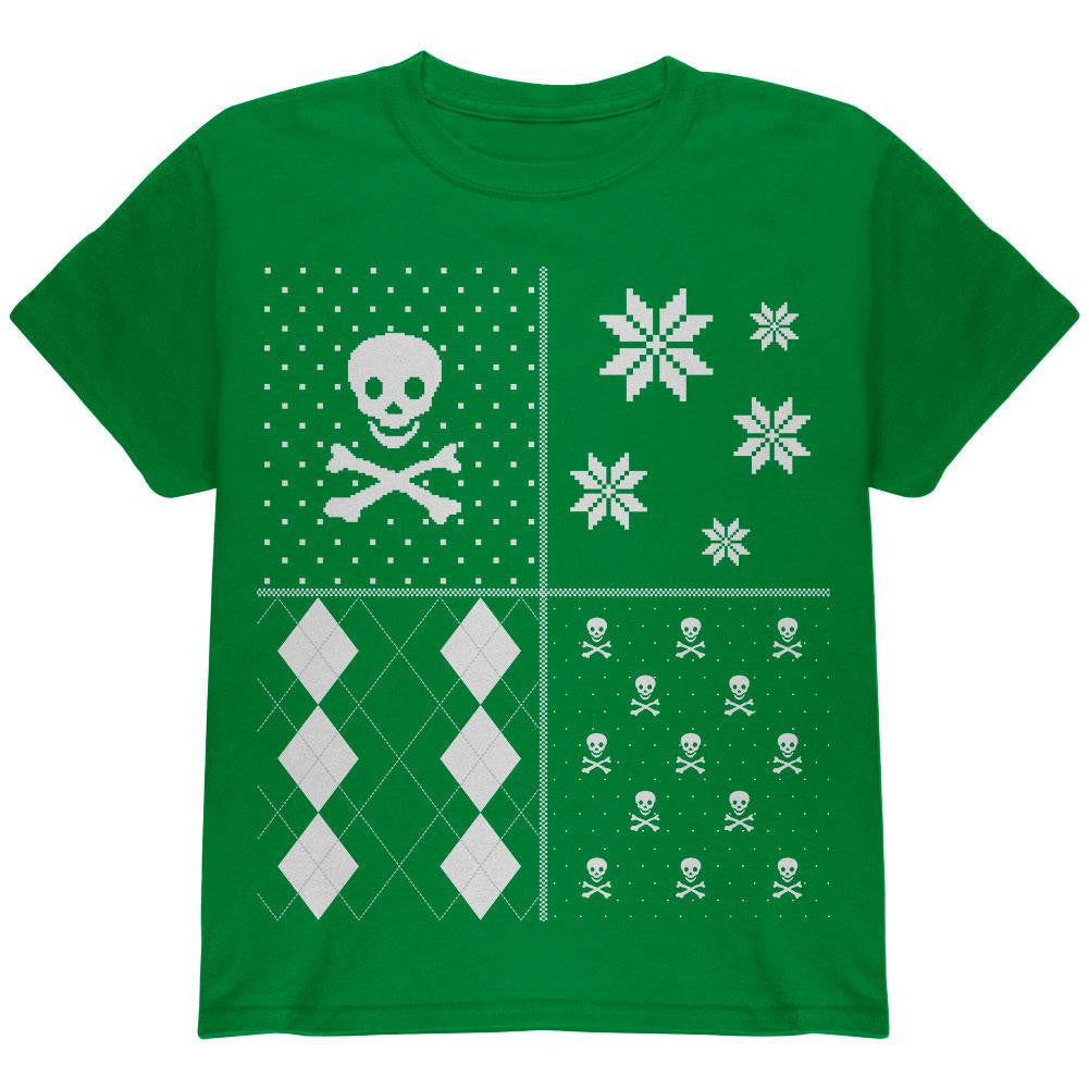 Skull and Crossbones Festive Blocks Ugly Christmas Sweater Black Youth T-Shirt Youth T-Shirts Old Glory   