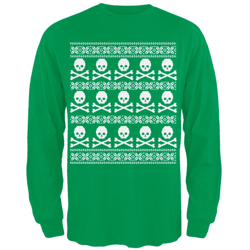 Big Skull And Crossbones Pattern Ugly Christmas Sweater Black Adult Long Sleeve T-Shirt Men's Long Sleeves Old Glory 2XL Green 